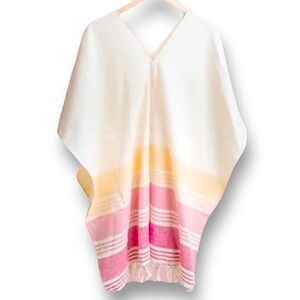Yellow, Ivory & Pink Striped Turkish Towel, Poncho, Sarong Fringe Detail O/S New